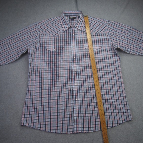 PANHANDLE SLIM Shirt Mens 17/35 Blue Pink Plaid‎ Pearl Snap Long Sleeve Western - Picture 8 of 16